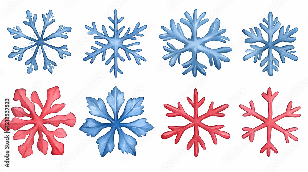 Eight unique snowflakes, blue and red, winter design elements, white background, for holiday cards Eight unique snowflakes, blue and red, winter design elements, white background, for holiday cards