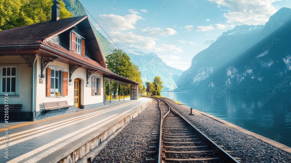 A scenic shot of a train station located in a picturesque setting, such as near mountains or by the sea, highlighting the connection between travel and landscape. A scenic shot of a train station located in a picturesque setting, such as near mountains or by the sea, highlighting the connection between travel and landscape.