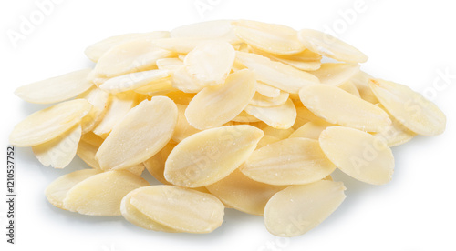 Tableau sur toile Almond flakes, slices of blanched almonds nuts isolated on white background