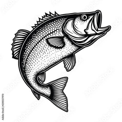 Monochrome illustration of a largemouth bass fish, detailed black and white vector art, fishing emblem, freshwater fish design  
