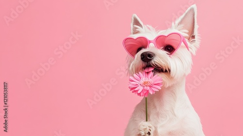 Cute West Highland White Terrier in pink heart shaped sunglasses smile and holding pink flower. February 14th, Valentine's Day concept for banner, card, wallpaper with copy space. photo