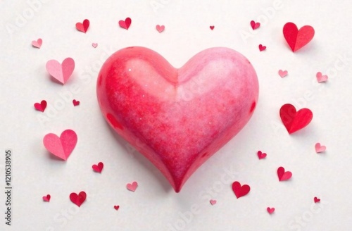 Pink heart surrounded by small red and pink paper hearts on a white background, symbolizing love, romance, and Valentine's Day creativity
