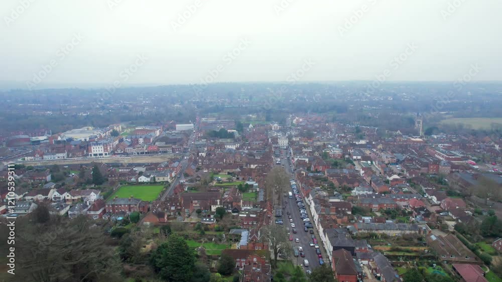 Aerial view of the Farnham High Street and town center, famous historical location in Surrey, England. Misty Winter day Aerial view of the Farnham High Street and town center, famous historical location in Surrey, England. Misty Winter day