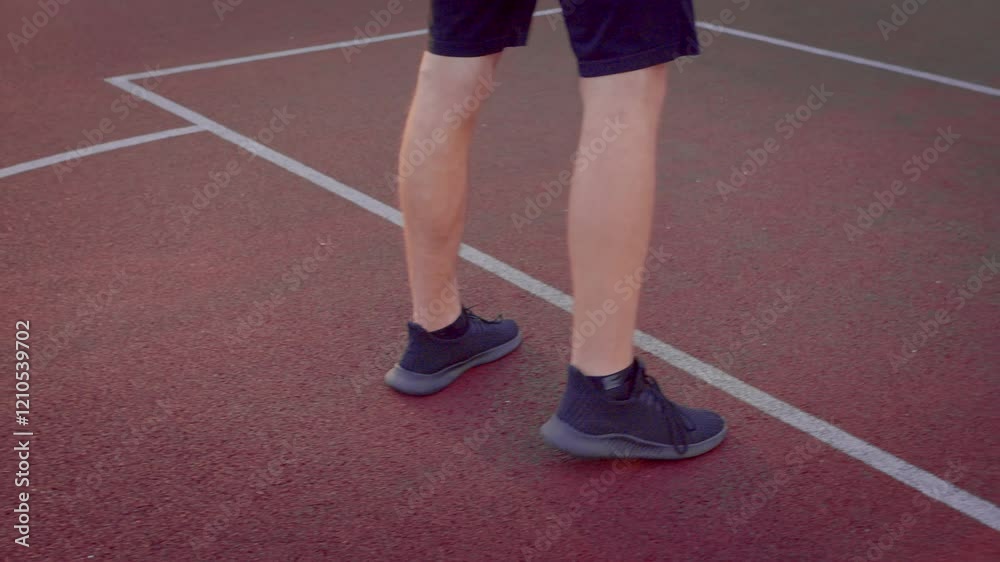 Guy training on an outdoor sports court with a basketball Guy training on an outdoor sports court with a basketball