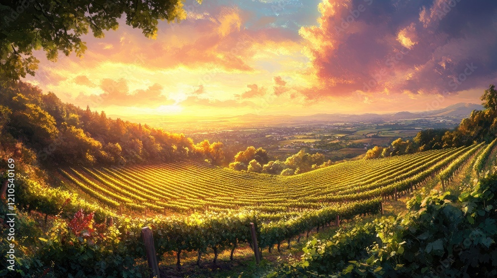 Naklejka premium A sunrise over a vineyard with the early morning light highlighting the rows of grapevines and creating a warm, inviting glow across the landscape.