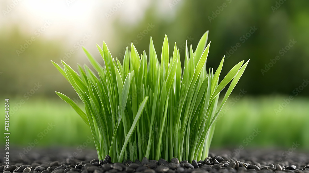Fresh green grass sprouts growing in rich soil, sunny outdoor background, nature spring growth Fresh green grass sprouts growing in rich soil, sunny outdoor background, nature spring growth