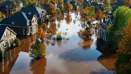 Flooded residential area showcases the impact of heavy rainfall on homes and landscapes