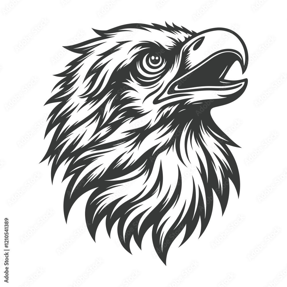 Monochrome illustration of an eagle head with fierce expression, open beak, sharp details, black and white vector art, the wildlife symbol
Monochrome illustration of an eagle head with fierce expression, open beak, sharp details, black and white vector art, the wildlife symbol