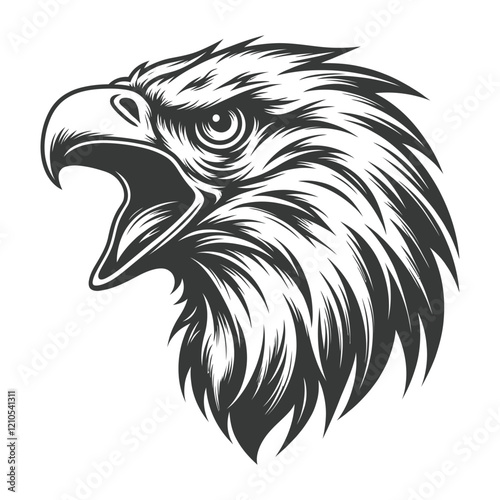 Monochrome illustration of an eagle head with fierce expression, open beak, sharp details, black and white vector art, the wildlife symbol  
