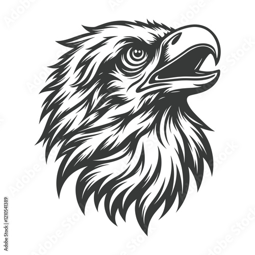Monochrome illustration of an eagle head with fierce expression, open beak, sharp details, black and white vector art, the wildlife symbol  
