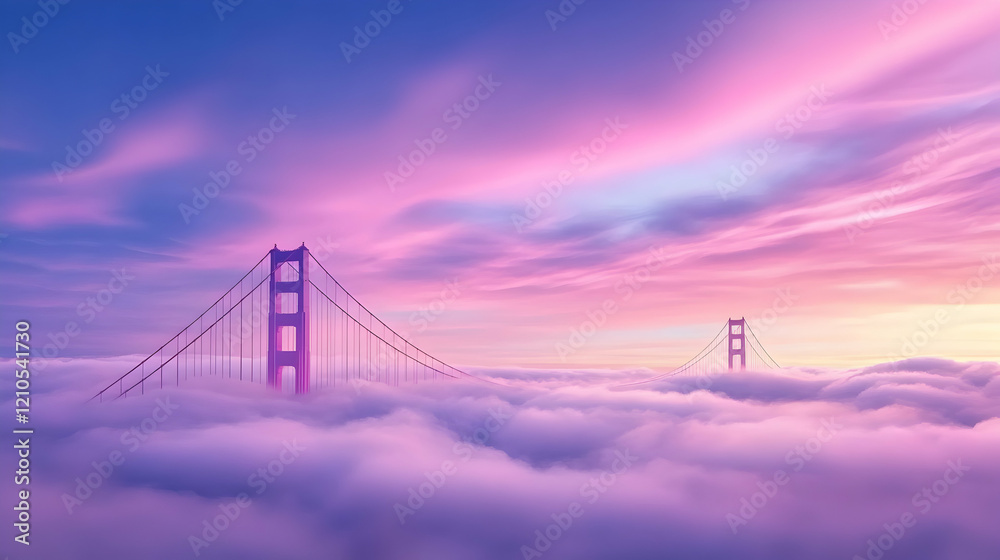 Golden Gate Bridge above clouds, sunset, San Francisco, travel postcard Golden Gate Bridge above clouds, sunset, San Francisco, travel postcard