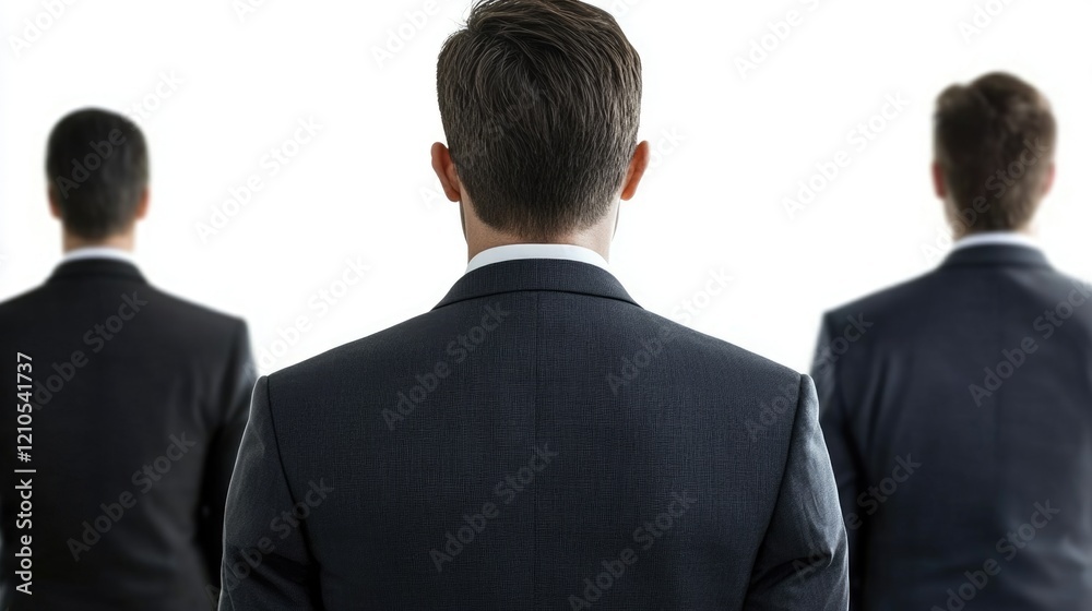 Business Professionals Observing from Behind - Men in Suits Against a Clean White Backdrop Business Professionals Observing from Behind - Men in Suits Against a Clean White Backdrop