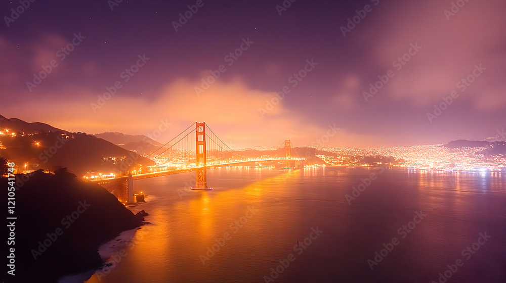 Fototapeta premium Golden Gate Bridge night view, San Francisco, California, USA. City lights and fog, travel photography