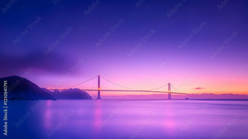 Obraz premium Golden Gate Bridge sunrise, coastal city, tranquil waters, purple sky, travel poster