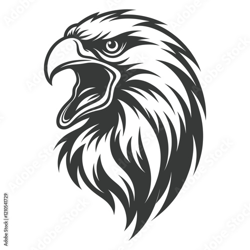 Monochrome illustration of an eagle head with fierce expression, open beak, sharp details, black and white vector art, the wildlife symbol  
