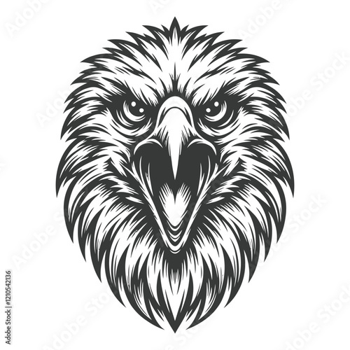 Monochrome illustration of an eagle head with fierce expression, open beak, sharp details, black and white vector art, the wildlife symbol  
