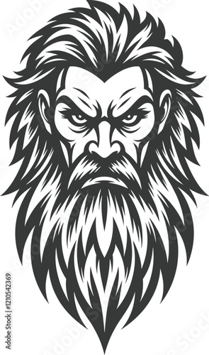 Monochrome illustration of a bearded man with flowing hair, fierce expression, mythical or legendary character design, black and white vector art  
