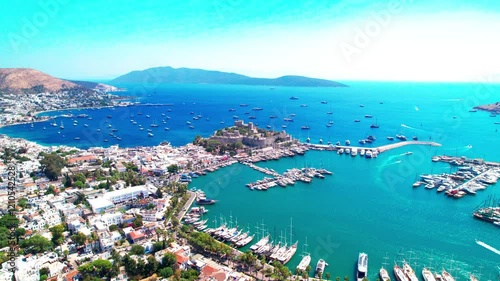 Bodrum District of Mugla, Turkey. Aerial view of Bodrum Castle. Panoramic view of Bodrum center, marina and castle. Drone shot.