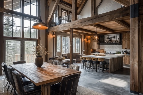 A spacious, modern Barndominium house style kitchen and dining area featuring wooden beams, large windows, and a rustic dining table. The kitchen has an island with bar stools and a cozy living area. photo