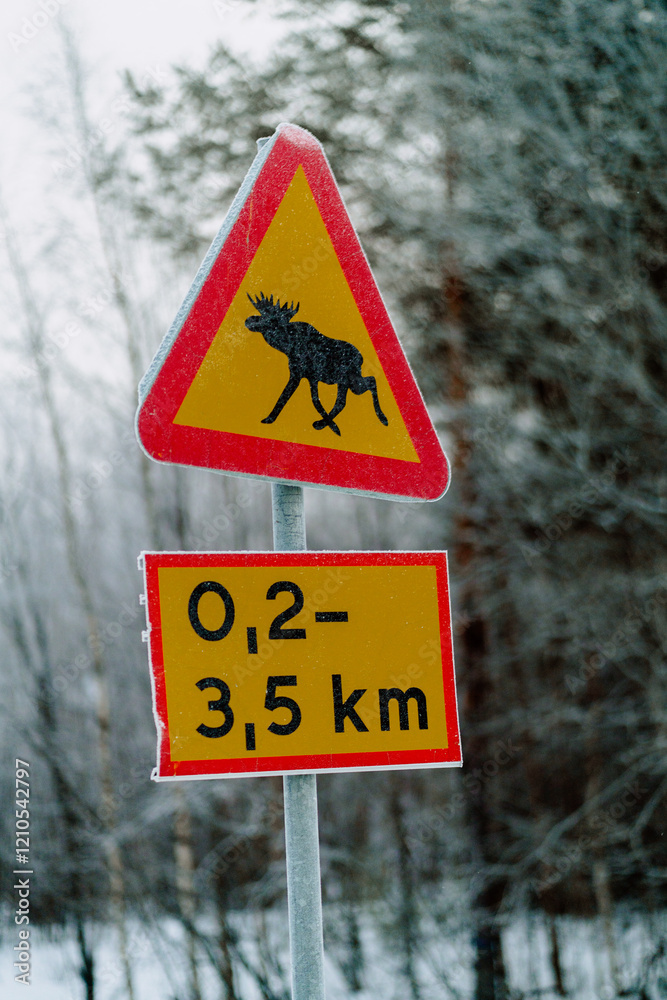 Moose Warning Sign on Snowy Road in Swedish Lapland Moose Warning Sign on Snowy Road in Swedish Lapland
