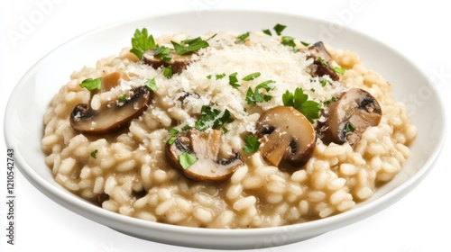 A gourmet mushroom risotto garnished with freshly grated Parmesan cheese and chopped parsley, Each grain of risotto creamy and al dente