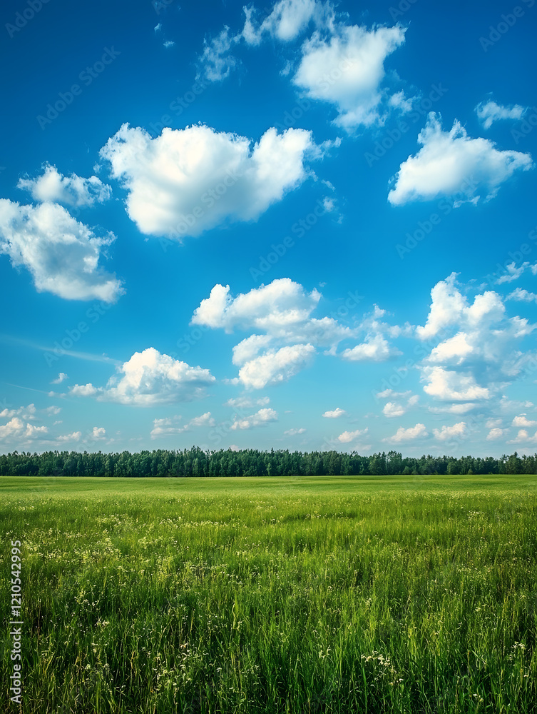 Fototapeta premium Expansive Green Field Under Vibrant Blue Sky with Fluffy White Clouds Landscape : Generative AI
