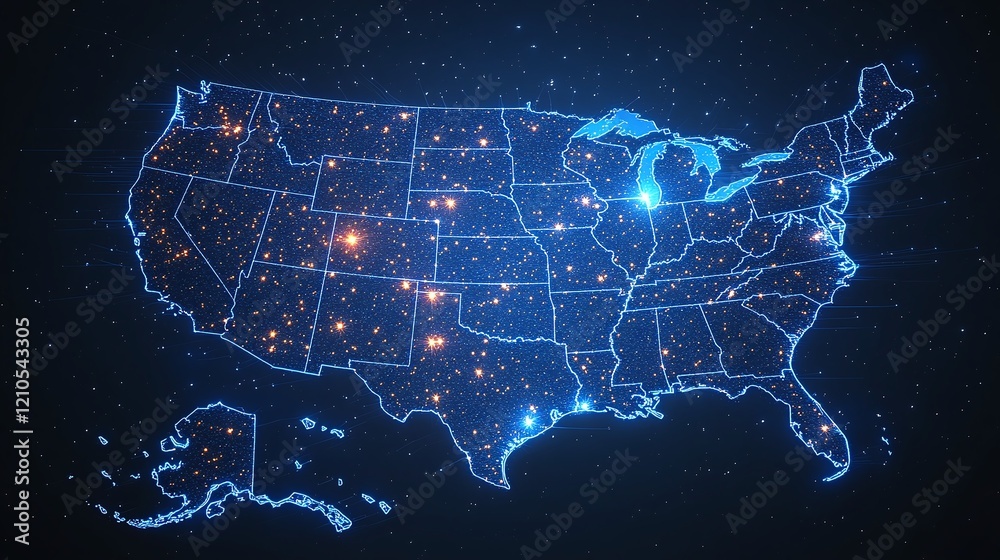 digital map of the United States of America, at night as individual cities are lit up digital map of the United States of America, at night as individual cities are lit up