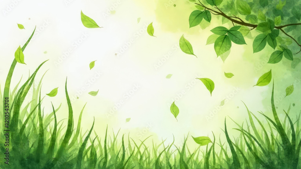 Hand drawn watercolor spring green leaves symbolizing abundance and renewal, with space for text.