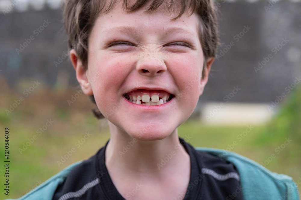 Child's Joyful Expression With Missing Tooth Outdoors in bike day Child's Joyful Expression With Missing Tooth Outdoors in bike day