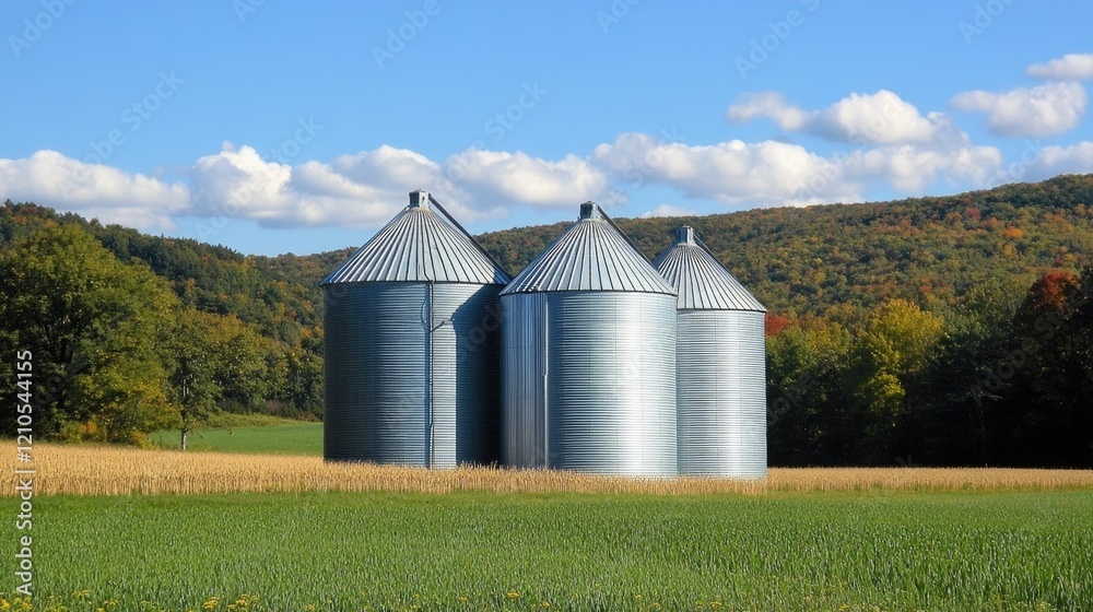 Metal Grain Silos Standing Tall in a Scenic Rural Landscape Amidst Lush Crop Fields Metal Grain Silos Standing Tall in a Scenic Rural Landscape Amidst Lush Crop Fields