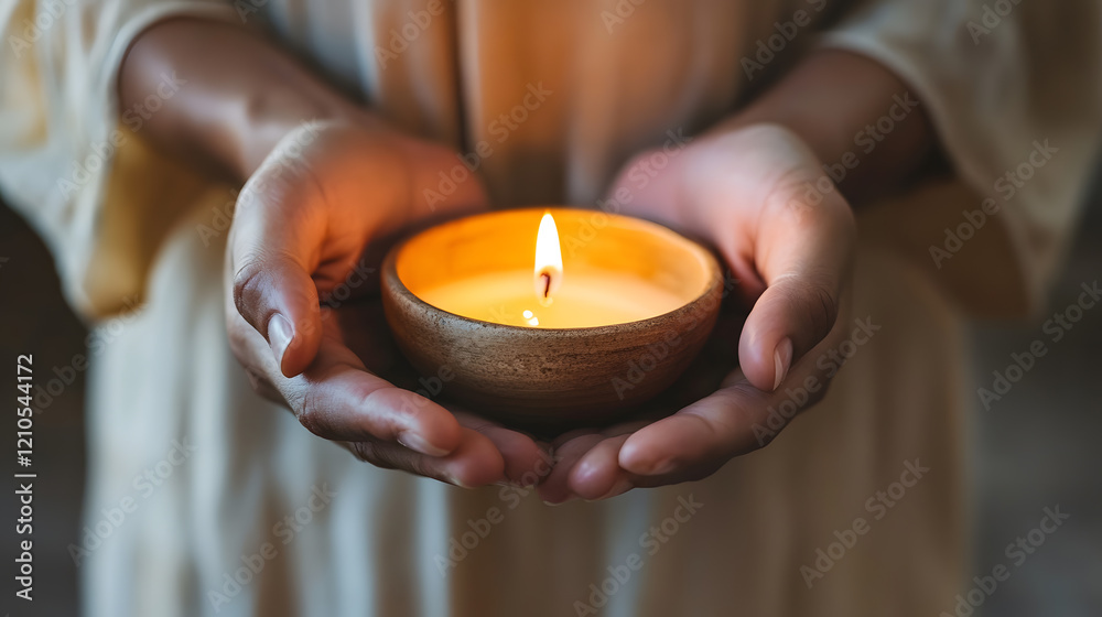 Hands Holding Lit Candle in Wooden Holder Symbolizing Serenity and Care : Generative AI Hands Holding Lit Candle in Wooden Holder Symbolizing Serenity and Care : Generative AI
