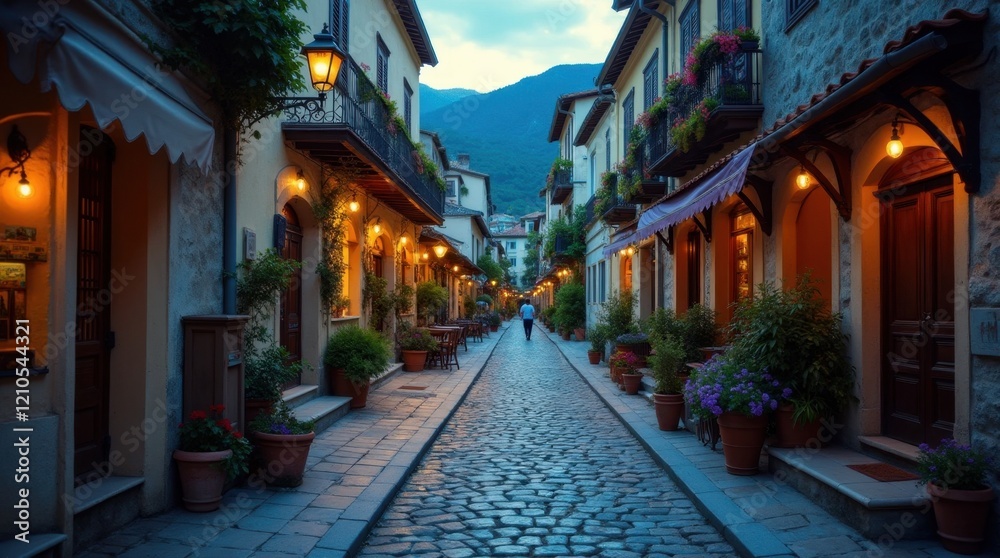 Fototapeta premium Cobblestone Street in Historic Village with Tourist