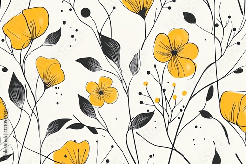 A minimalist floral illustration featuring abstract yellow accents and delicate black lines the design combines elegance and simplicity.