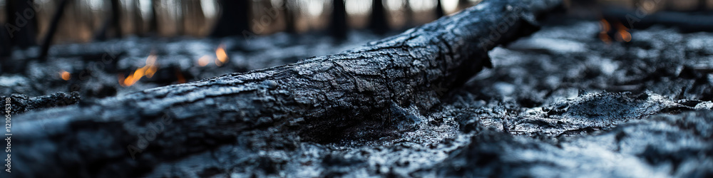 Charred Log and Ash in Burned Forest Charred Log and Ash in Burned Forest