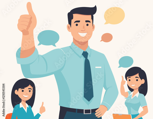 Encouragement or support employee to success, cheering, praise to raise motivation, winning pride inspiration, boost employee ambition concept, businessman giving thumb up to encourage employees.