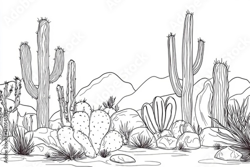 Continuous Line Drawing of Set of Cute Cactus Black and White Sketch House Plants on White Background.
