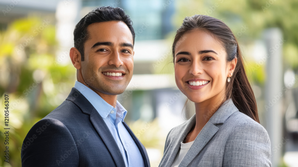 Professional man and woman smiling outdoors in sunlight
Professional man and woman smiling outdoors in sunlight