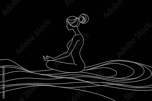 Continuous one line drawing. Woman sitting cross legged meditating.