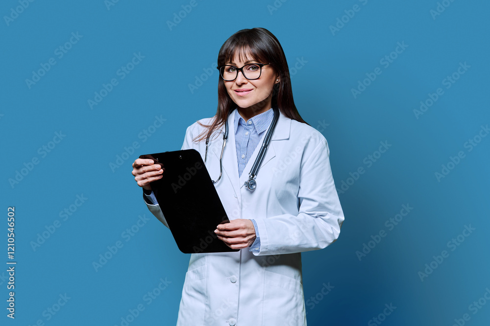 Portrait of female doctor holding clipboard on blue studio background Portrait of female doctor holding clipboard on blue studio background
