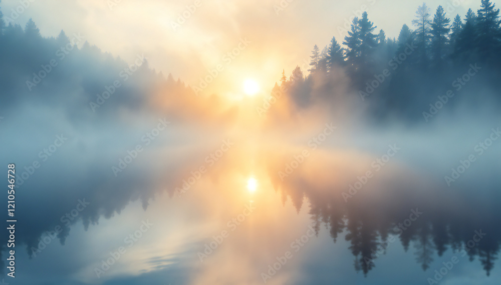 Obraz premium sun shining brightly over the calm lake, shrouded in mist, reflecting trees on the lake