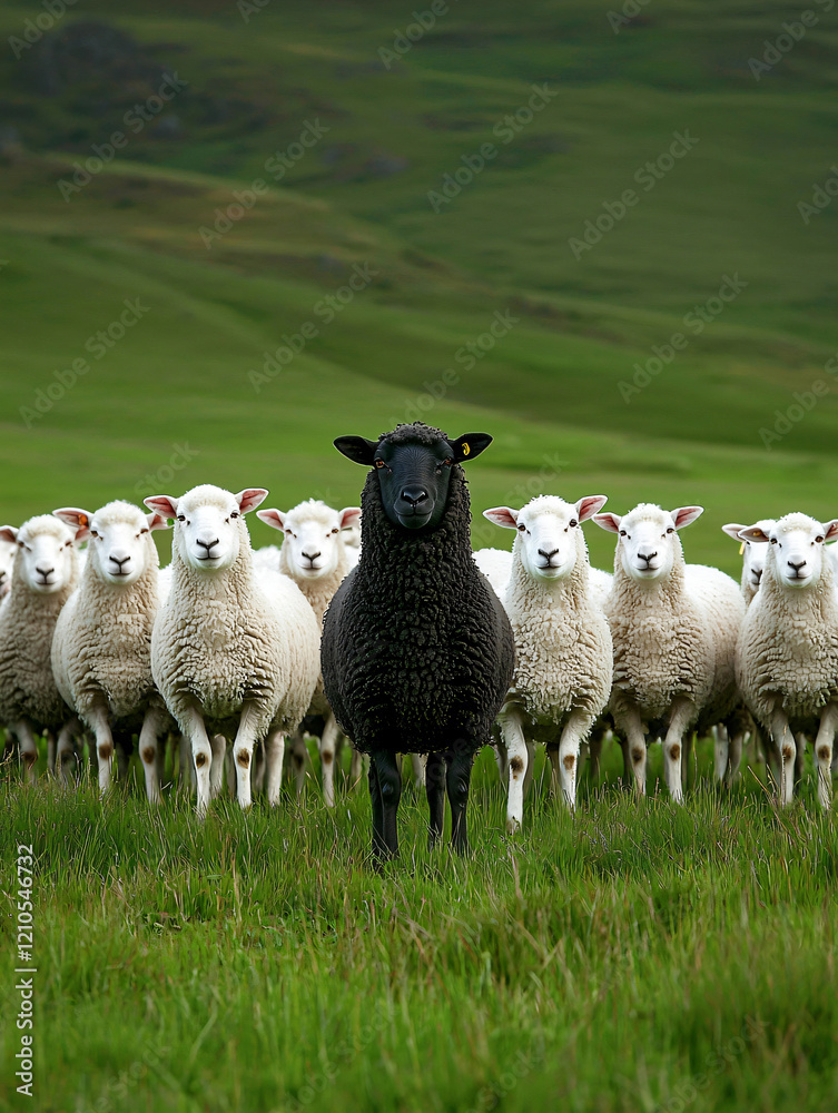 Fototapeta premium A single black sheep standing confidently among a group of white sheep in a green pasture, symbolizing individuality and boldness in growth 