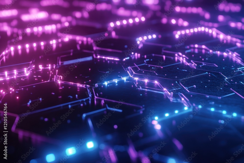 Abstract Futuristic Circuitry: Neon Glow in Hexagonal Pattern Abstract Futuristic Circuitry: Neon Glow in Hexagonal Pattern