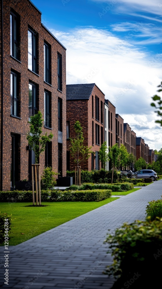 Modern residential buildings lined along a landscaped walkway with vibrant greenery during a cloudy day Modern residential buildings lined along a landscaped walkway with vibrant greenery during a cloudy day