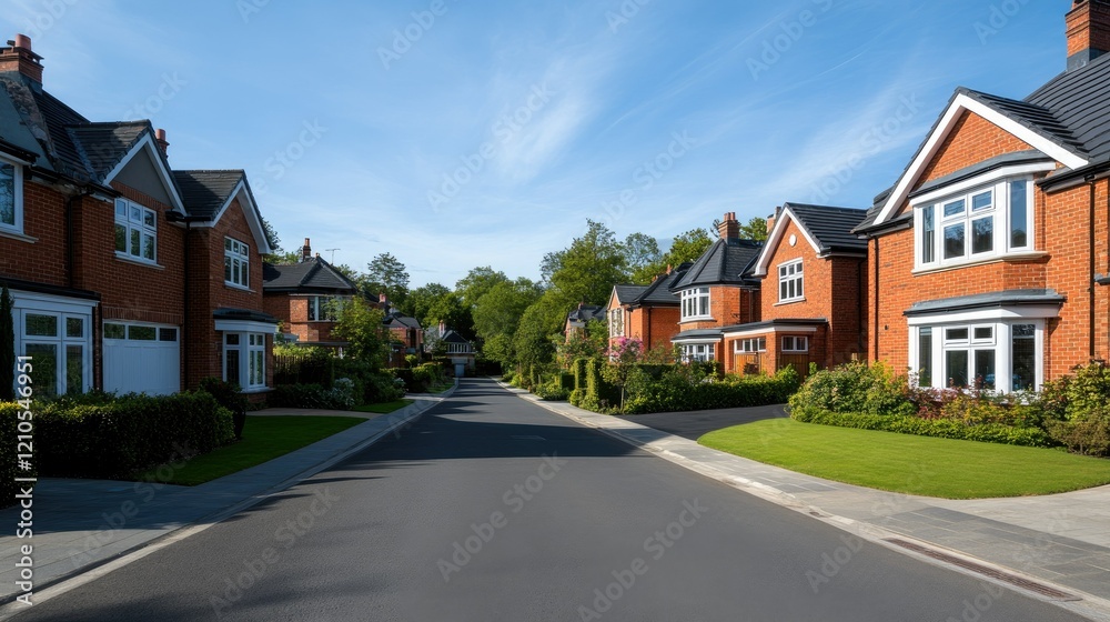 Naklejka premium A picturesque view of a tranquil suburban neighborhood features lovely homes bathed in warm, bright daylight, creating a serene atmosphere