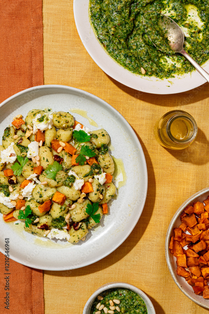 Top view of Italian gnocchi and pesto with various garnishes Top view of Italian gnocchi and pesto with various garnishes