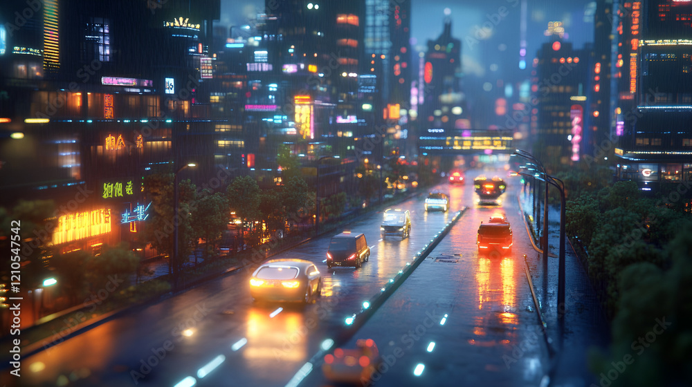 A cityscape at dusk with autonomous vehicles A cityscape at dusk with autonomous vehicles