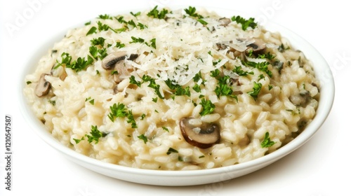 A gourmet mushroom risotto garnished with freshly grated Parmesan cheese and chopped parsley, Each grain of risotto creamy and al dente
