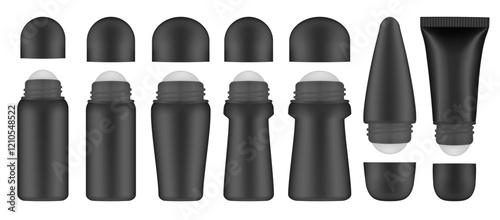 Set of black roller ball bottles. Body antiperspirant deodorant roll-on, open blank bottles with screw cap. Realistic vector mockup. Roller Applicator	