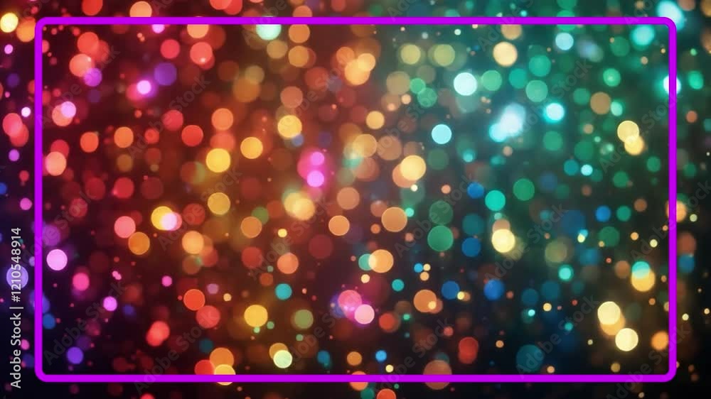 glowing neon purple rectangular frameon blurred multicolored bokeh lights creating a vibrant, dreamy effect on a dark backdrop