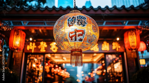 Illuminated lantern hangs outside Asian shop at dusk